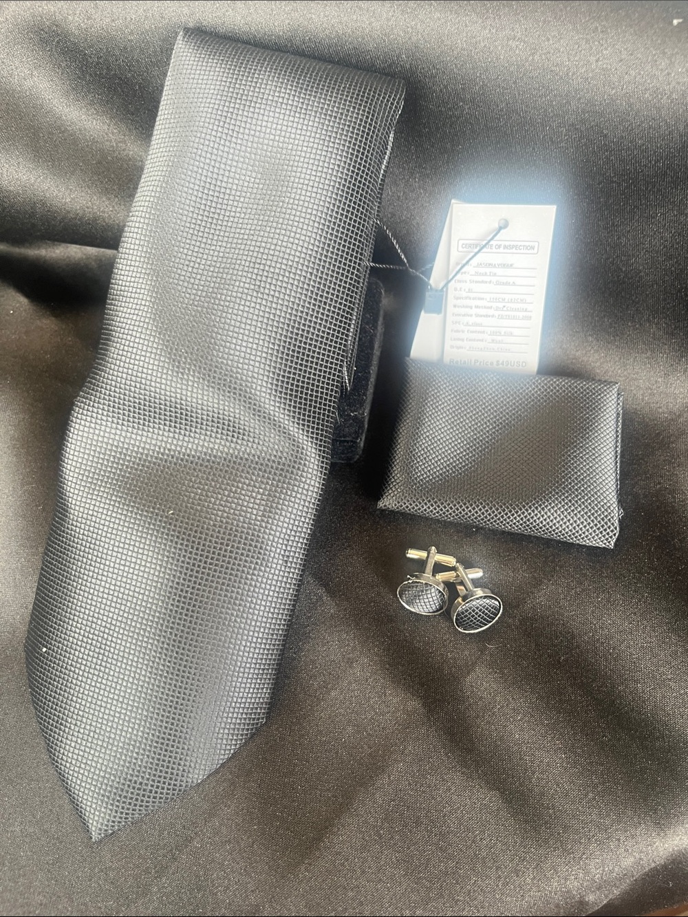 Men's Black Micro-Texture Tie Set with Matching Pocket Square and Cufflinks
